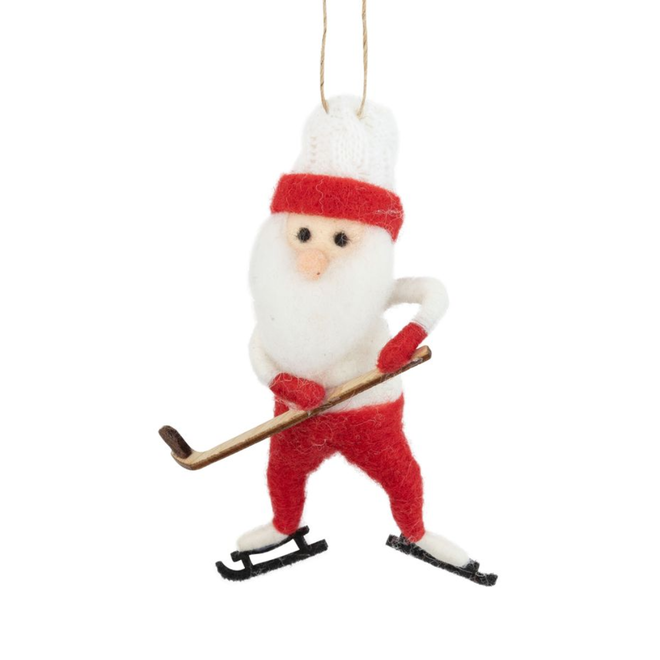 Christmas Ornament - Felt Santa Playing Hockey