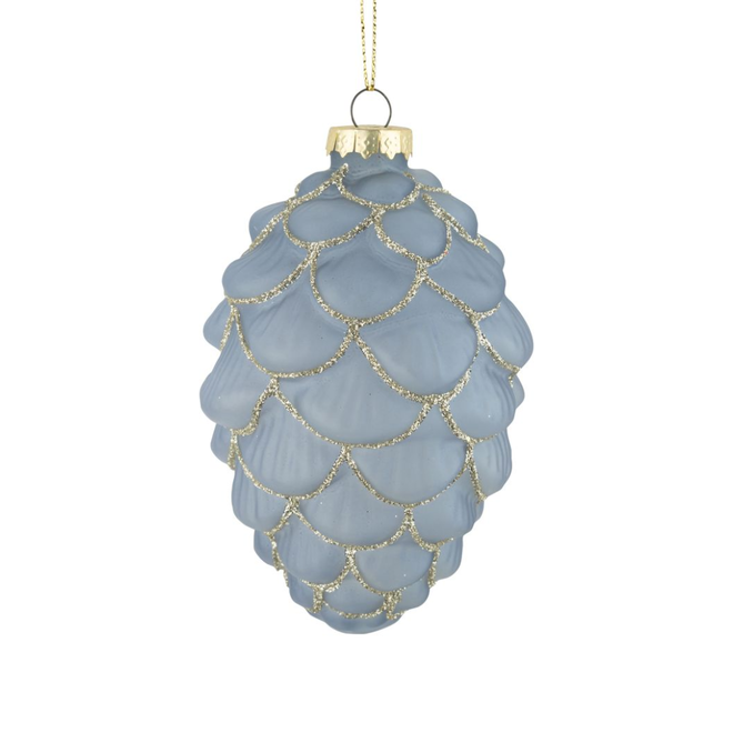 Christmas Ornament - Glass Pinecone, Translucent Pale Blue w/ Silver Glitter