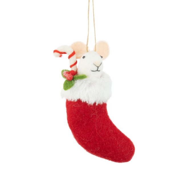 Christmas Ornament - Felt Mouse in Red Stocking w/ Candy Cane & Holly