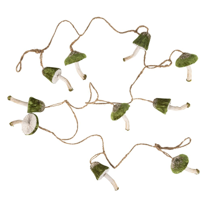 Christmas Ornament - Velvet Mushrooms w/ Paper Stems Garland, Dark Green - 72"