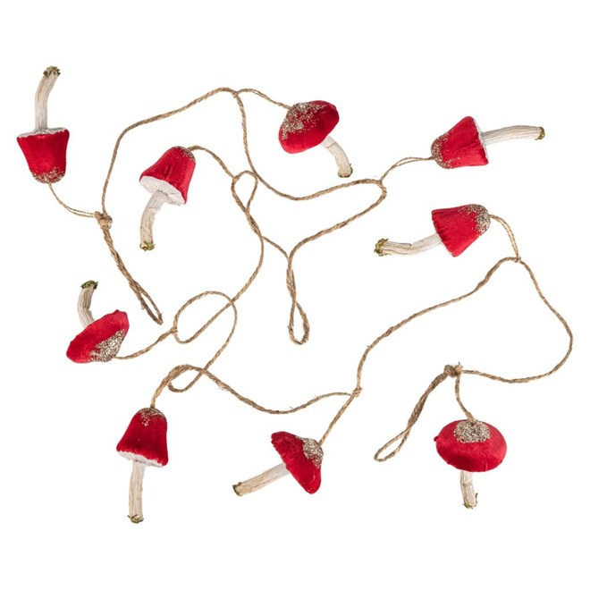 Christmas Ornament - Velvet Mushrooms w/ Paper Stems Garland, Red - 72"