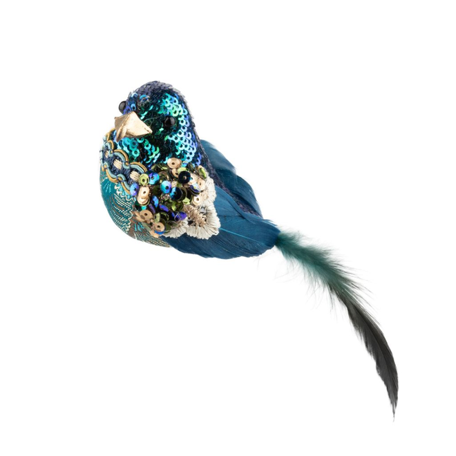 Christmas Ornament - Clip-on Bird w/ Feather Tail, Iridescent Peacock Blue