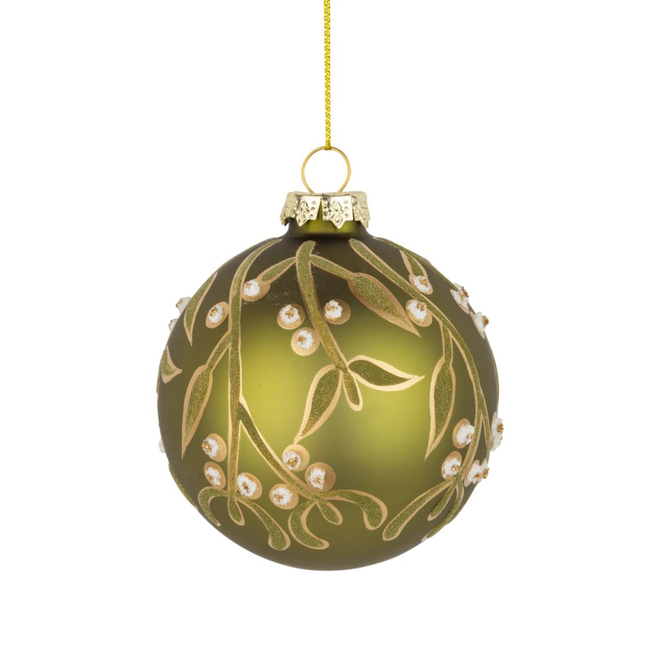 Christmas Ornament - Glass Ball, Apple Green w/ Mistletoe Design