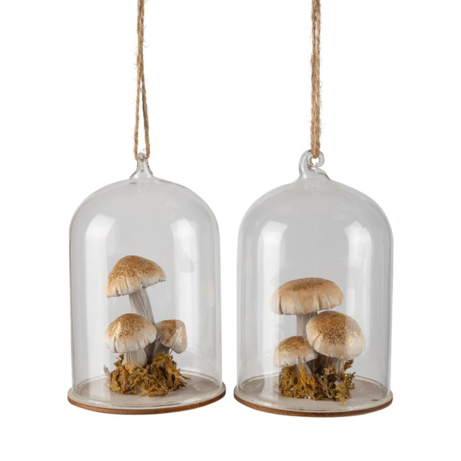 Christmas Ornament - Mushroom Trio Globe, Champagne w/ Moss Base