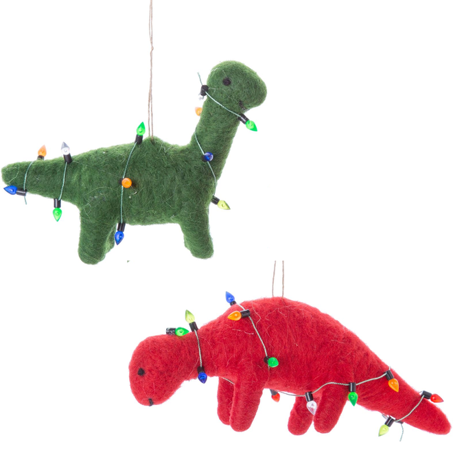 Christmas Ornament - Assorted Felt Dinosaur w/ String Lights, Red or Green