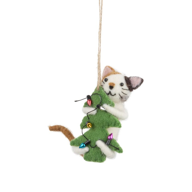 Christmas Ornament - Felt Cat Hugging Christmas Tree w/ Lights