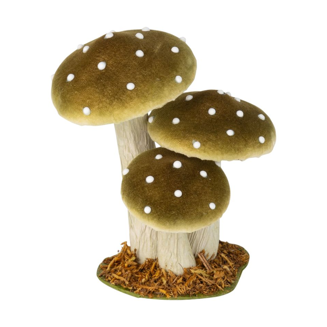 Mushroom Trio Table Piece, Green Velvet w/ White Dots & Paper Stem - 6.5"