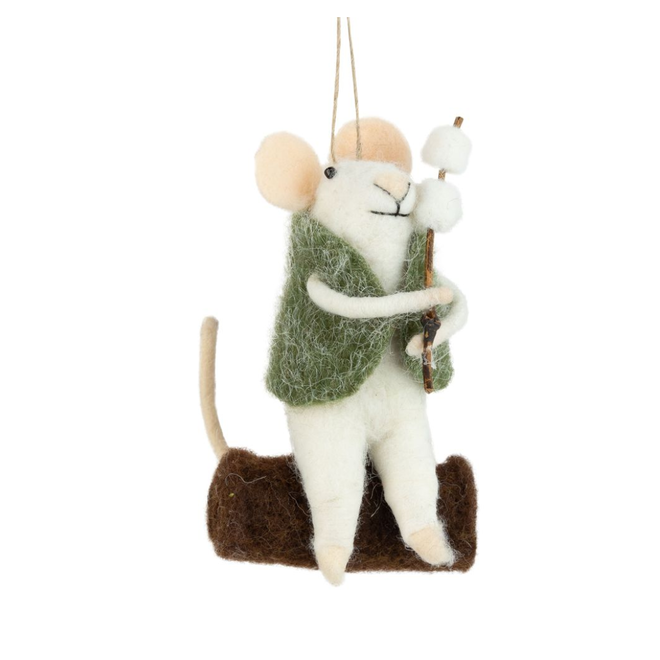 Christmas Ornament - Felt Mouse in Green Vest Roasting Marshmallows