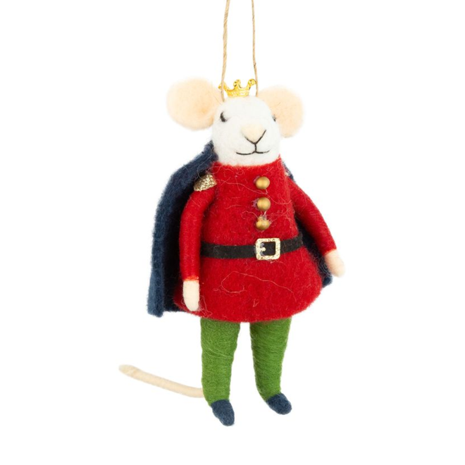 Christmas Ornament - Felt Mouse in Soldier Outfit, Red w/ Blue Cape & Crown