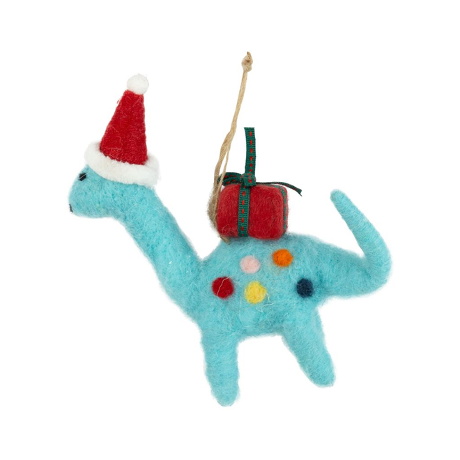 Christmas Ornament - Felt Blue Dinosaur w/ Gift & Santa Hat