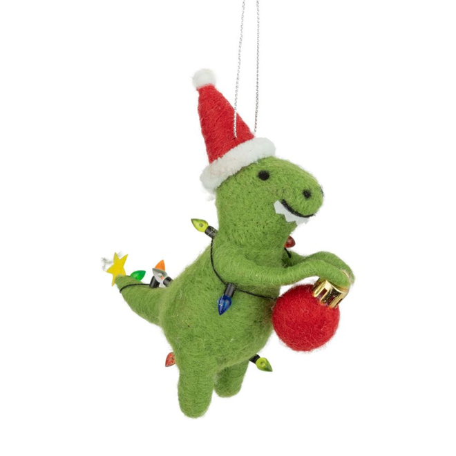 Christmas Ornament - Felt Green Dinosaur w/ String Lights & Santa Hat