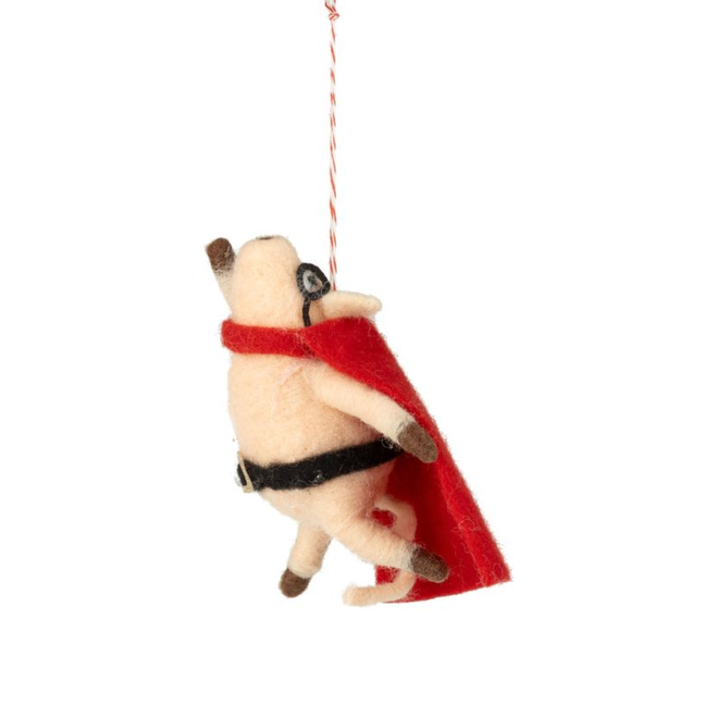 Christmas Ornament - Felt Flying Pig w/ Superhero Mask & Cape