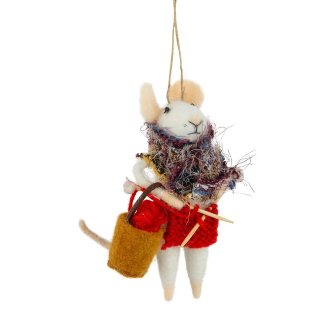 Christmas Ornament - Felt Mouse w/ Knitting Bag