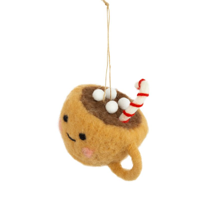 Christmas Ornament - Felt Coffee Cup Character w/ Hot Chocolate & Candy Cane