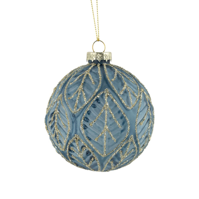 Christmas Ornament - Glass Ball, Translucent Blue w/ Glitter Leaf Pattern