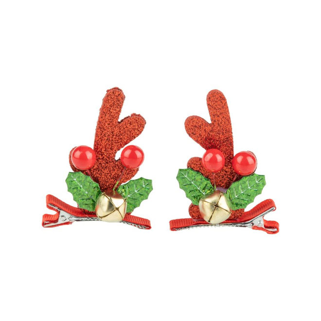 Reindeer Antler Hair Clips, Red Sequin w/ Jingle Bell