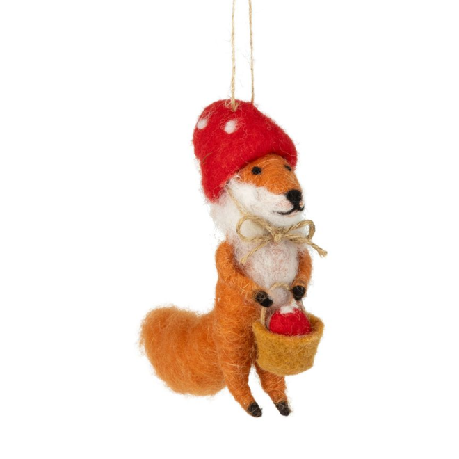 Christmas Ornament - Felt Fox w/ Basket & Red Mushroom Hat
