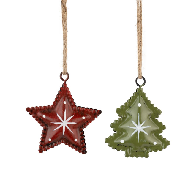 Christmas Ornament, Assorted Metal - Red Star or Green Tree