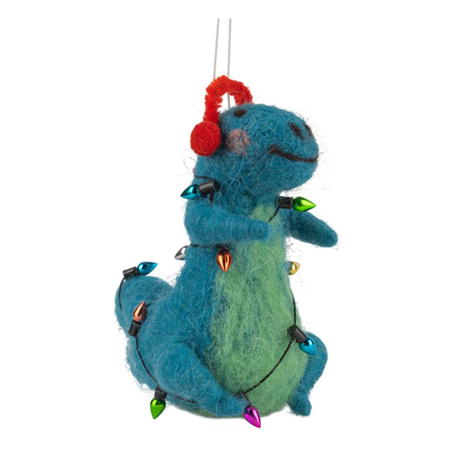 Christmas Ornament - Felt Blue Dinosaur w/ String Lights