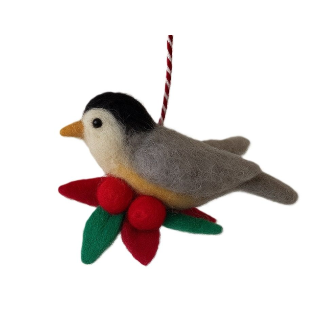 Christmas Ornament - Felt Grey Bird w/ Red Berries