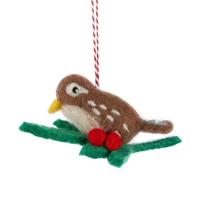 Christmas Ornament - Felt Bird, Light Brown Spotted w/ Red Berries