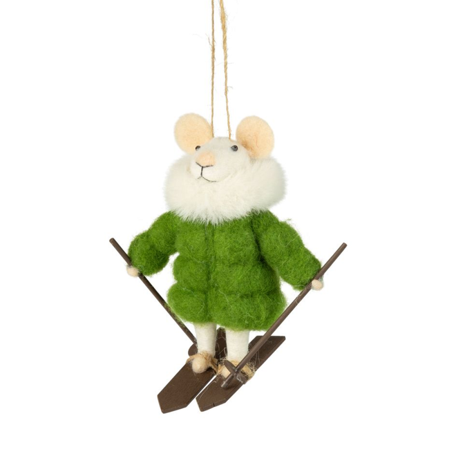 Christmas Ornament - Felt Skiing Mouse w/ Green Jacket & Ski Poles