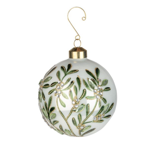 Christmas Ornament - Glass Ball, Shiny White w/ Mistletoe Design