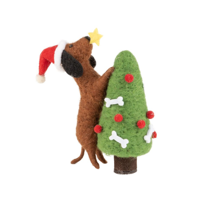 Christmas Ornament - Brown Felt Dog w/ Santa Hat Placing Star on Tree