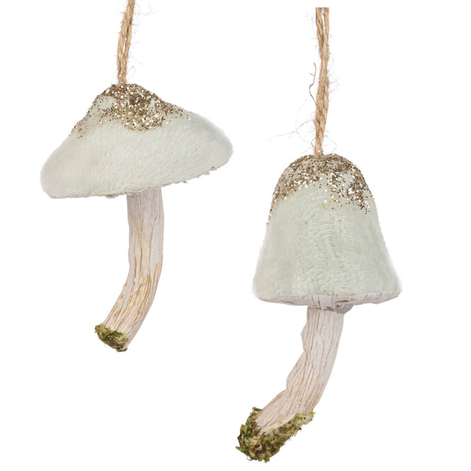 Christmas Ornament - Assorted Velvet Mushroom, Light Green w/ Paper Stem