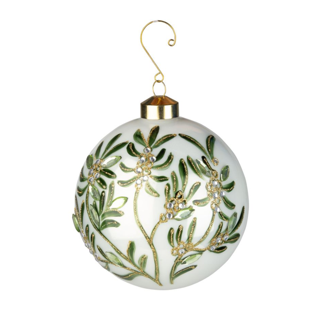 Christmas Ornament - Glass Ball, Shiny White w/ Mistletoe Design