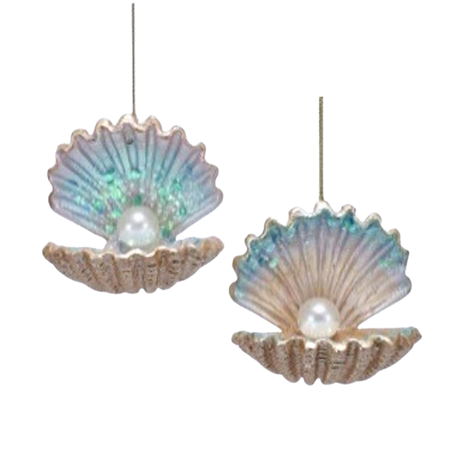 Christmas Ornament - Assorted Painted Resin Clam Shell w/ Pearl