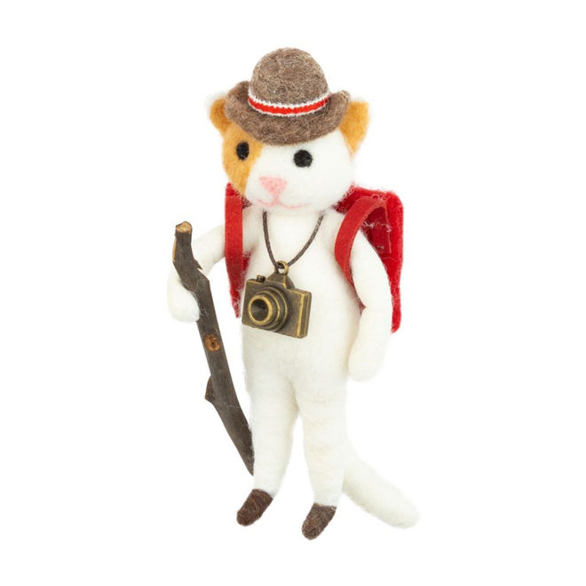 Christmas Ornament - Felt Dog, Hiking w/ Stick & Backpack