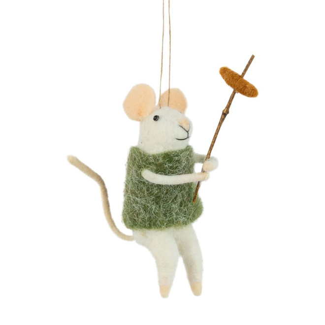 Christmas Ornament - Felt Mouse in Herringbone Vest Roasting a Hotdog
