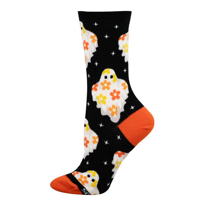 Socksmith Crew Socks - Flower Ghosts, Black - Size 9-11