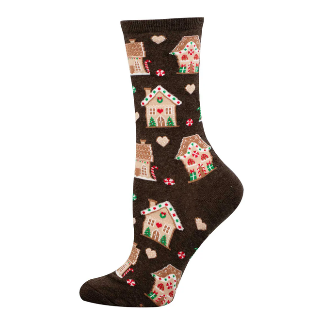 Socksmith Christmas Socks - Gingerbread Houses, Brown Heather - Size S/M