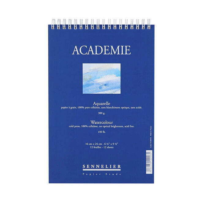 Sennelier Academie Watercolour Pad - 140lbs, 300g,  16x24cm, 6x9.5", 12 Sheets