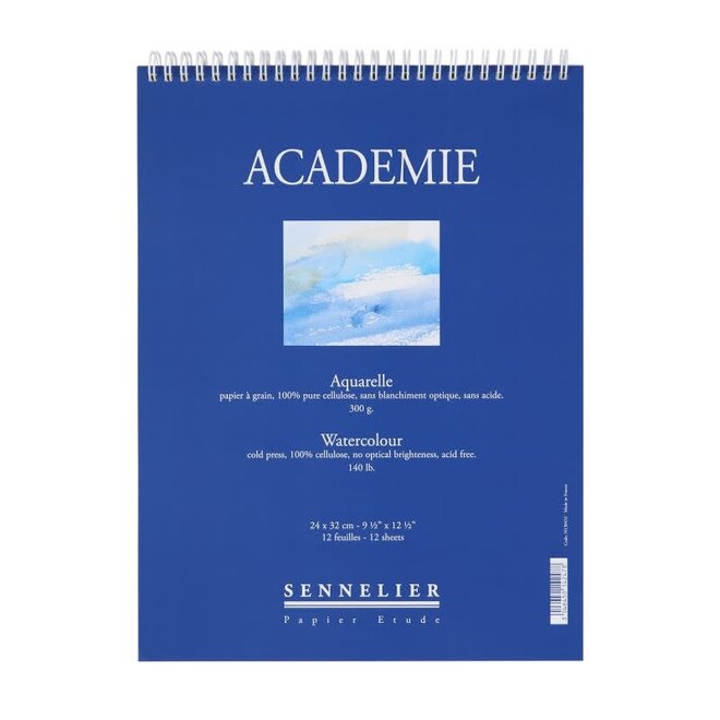 Sennelier - Academie Watercolour Pad 140lbs, 300g -  24cm x 32cm (9.5" x 12.5") - 12 Sheets