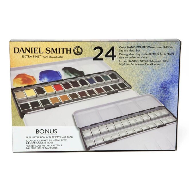 Daniel Smith Watercolor Half Pan Sets, 24-Color Half Pan Set In Metal Box With Bonus Metal Box & 24 Empty Half Pans