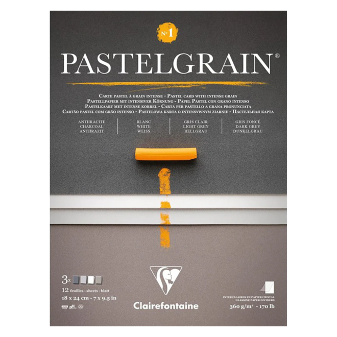 Clairefontaine Pastelgrain: Intense Grain Pastel Card - 18x24cm, 360g, 12 Sheets - Charcoal, White, Light Grey, & Dark Grey
