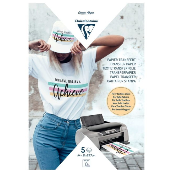 Clairefontaine Inkjet Transfer Paper for Light Fabrics - A4 / 21x29.7cm, 5 Sheets