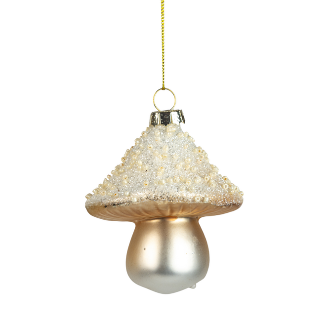 Christmas Ornament - Glass Mushroom: Light Gold & Cream w/ Beaded Glitter Cap