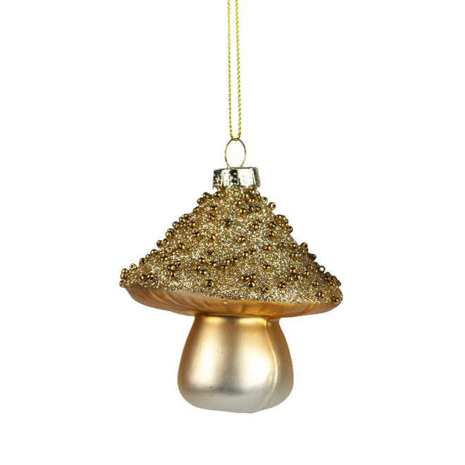 Christmas Ornament - Glass Mushroom: Gold & Green w/ Beaded Glitter Cap