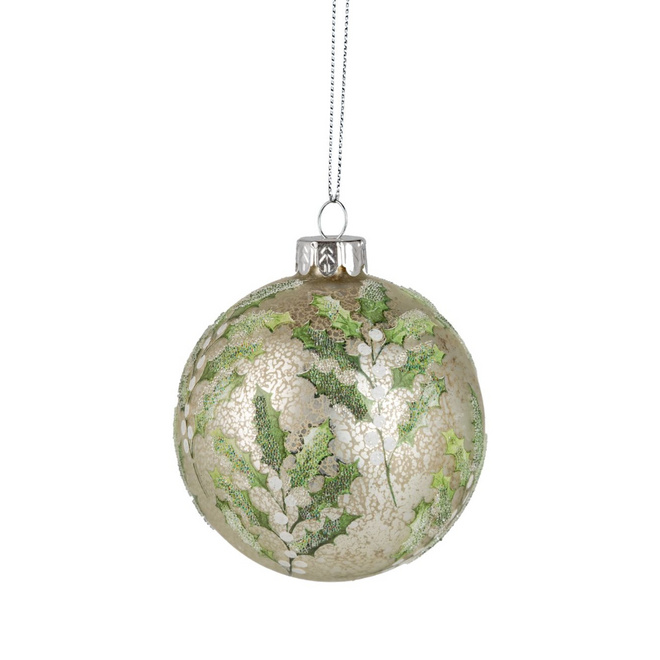 Christmas Ornament - Glass Ball: Matte Antique Silver w/ Holly Print