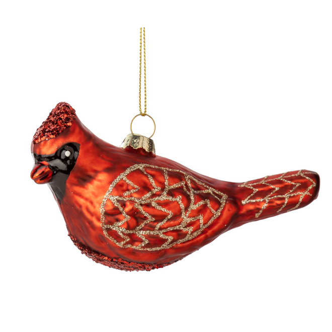 Christmas Ornament - Glass Cardinal: Matte Red w/ Gold Glitter Trim