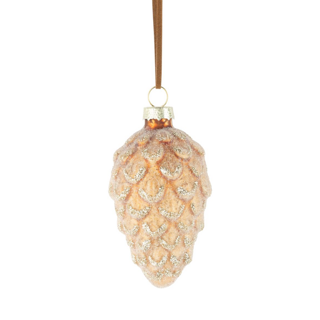 Christmas Ornament - Glass Pinecone: Amber w/ Gold Glitter Frost
