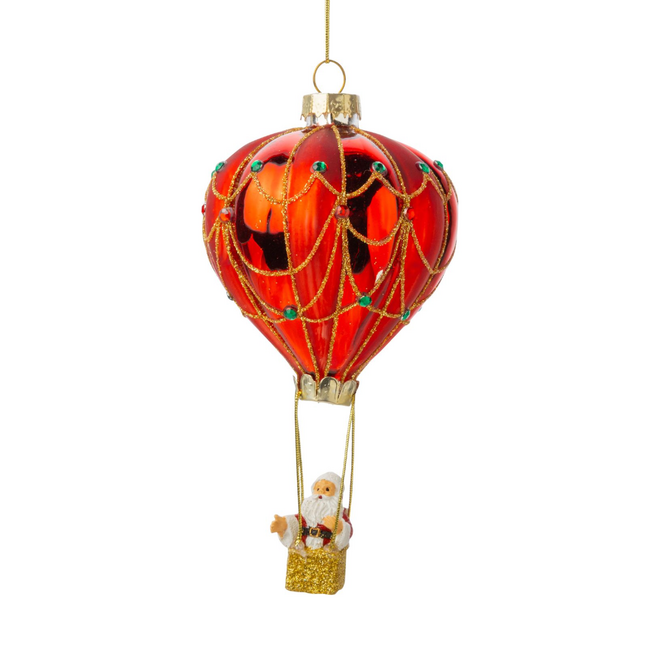 Christmas Ornament - Glass Hot Air Balloon w/ Resin Santa in Basket