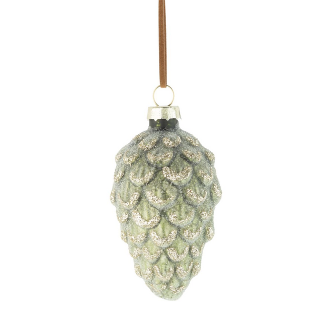 Christmas Ornament - Glass Pinecone: Green w/ Gold Glitter Frost