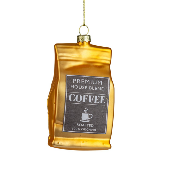 Christmas Ornament - Glass Coffee Bag: Gold w/ Black Label