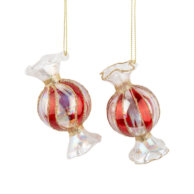 Christmas Ornament - Glass Candy w/ Red & White Stripes, Assorted