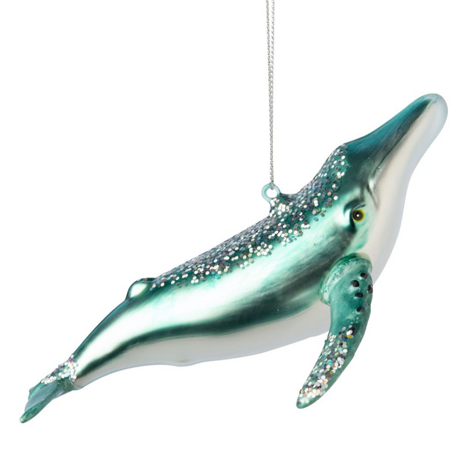 Christmas Ornament - Glass Sperm Whale, Light Blue w/ Glitter